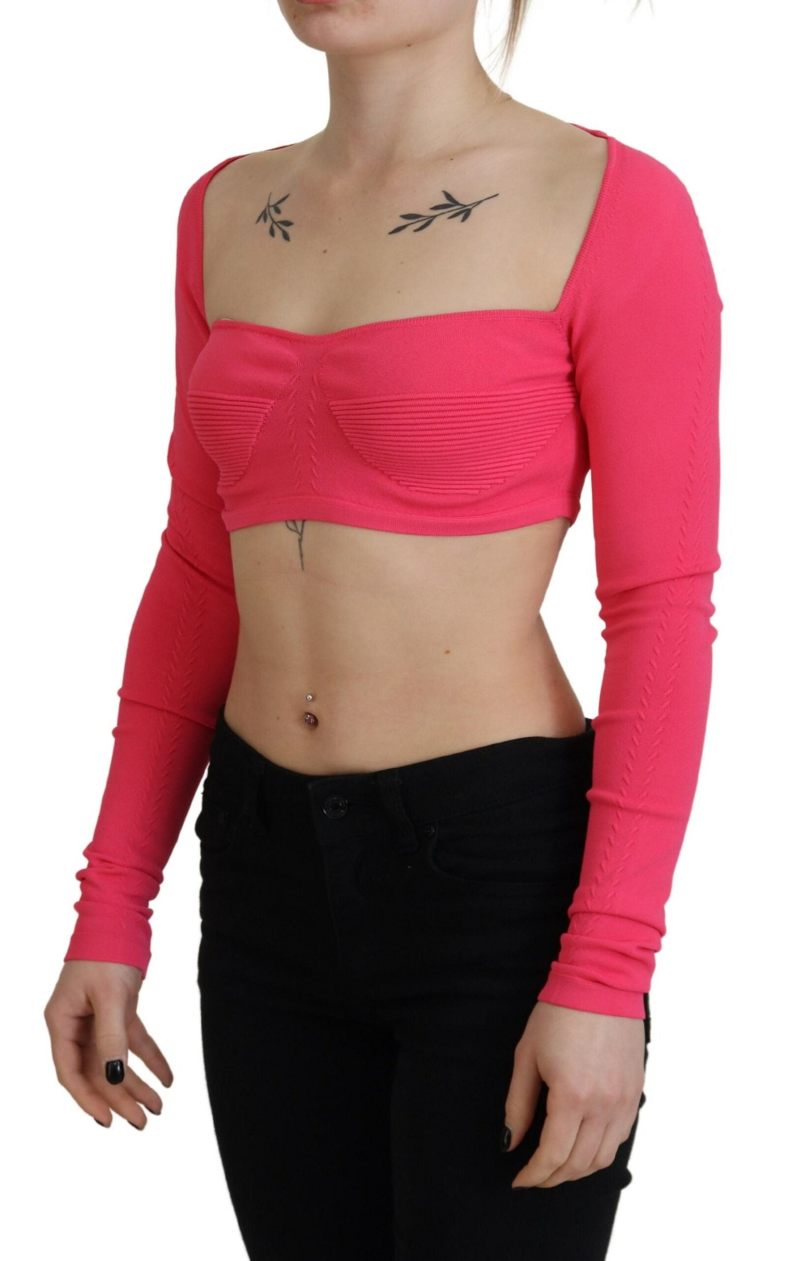 Dsquared² Pink Viscose Knit Square Neck Long Sleeves Top | Regal Royce