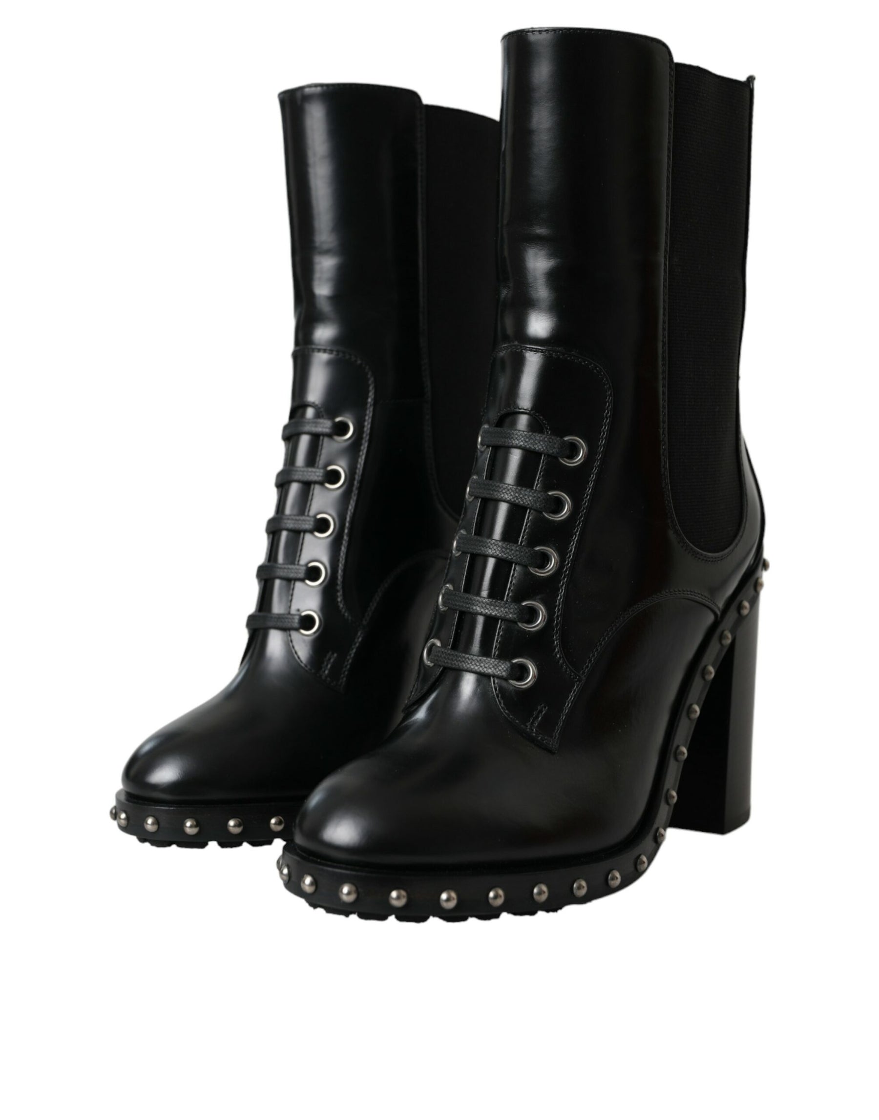 Dolce & Gabbana Black Leather Studded Lace Up Boots Shoes | Regal Royce