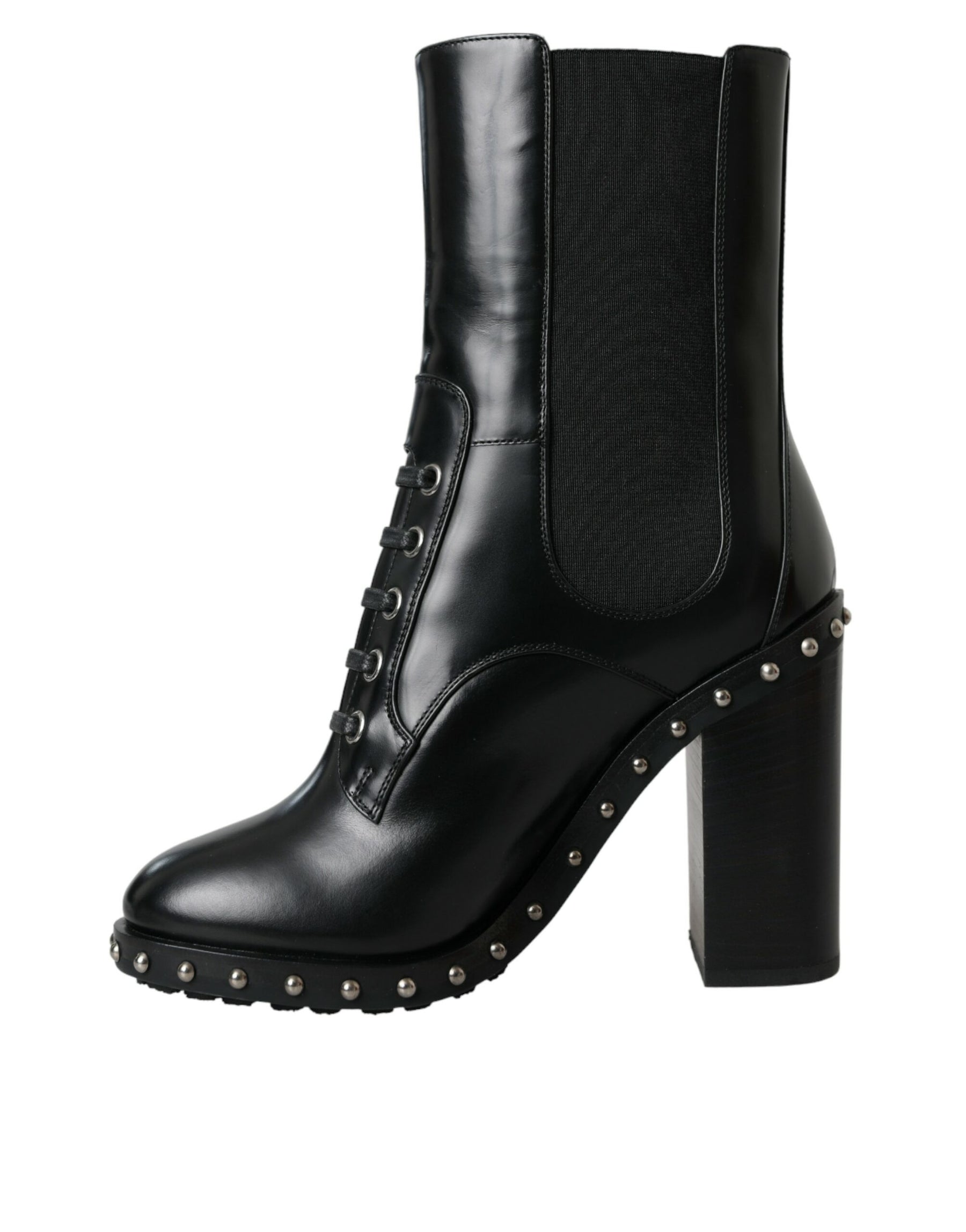 Dolce & Gabbana Black Leather Studded Lace Up Boots Shoes | Regal Royce