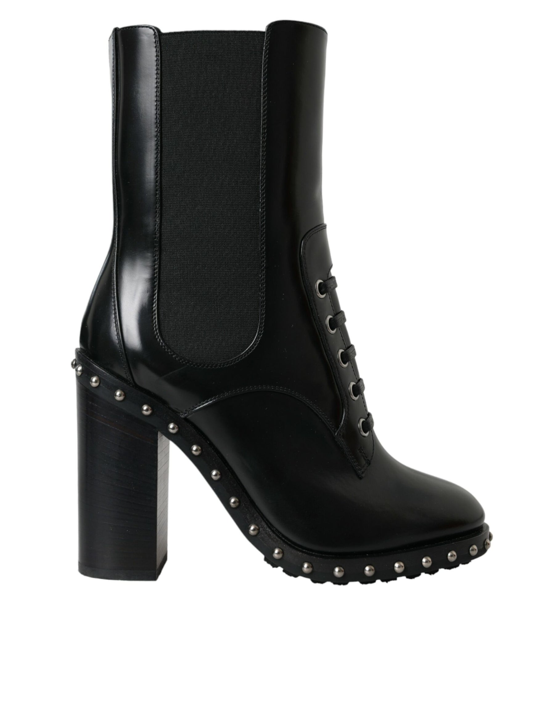 Dolce & Gabbana Black Leather Studded Lace Up Boots Shoes | Regal Royce