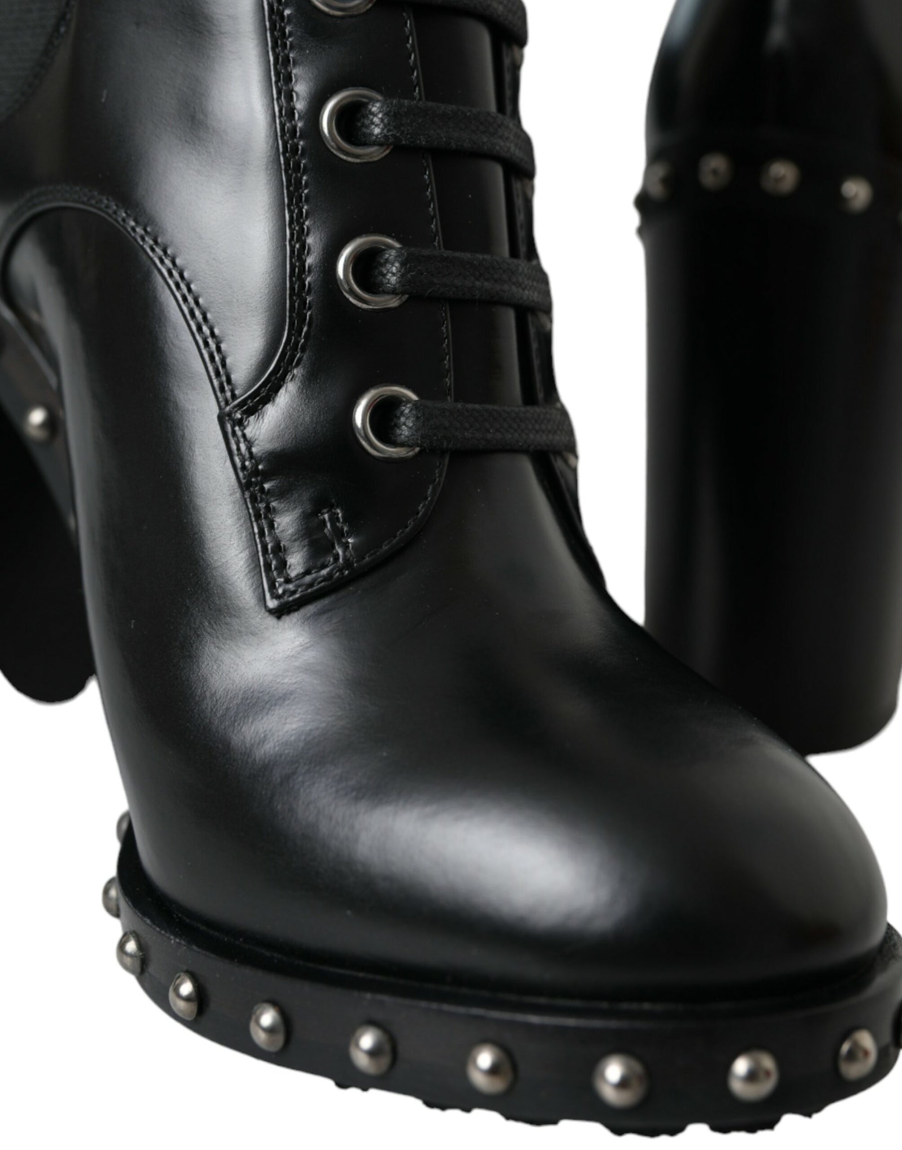 Dolce & Gabbana Black Leather Studded Lace Up Boots Shoes | Regal Royce
