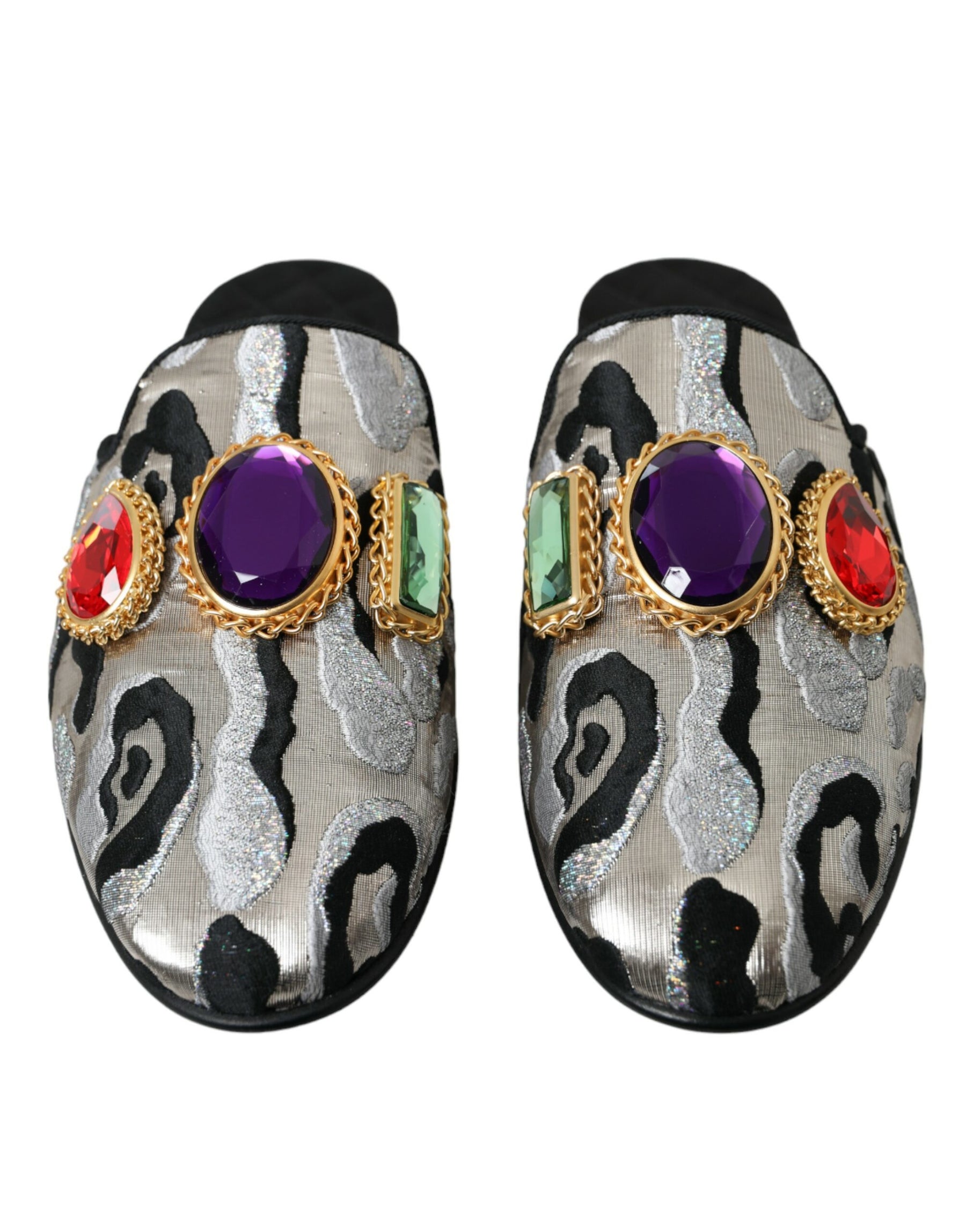 Dolce & Gabbana Gray Jacquard Crystal Mule Flat Sandals Shoes | Regal Royce