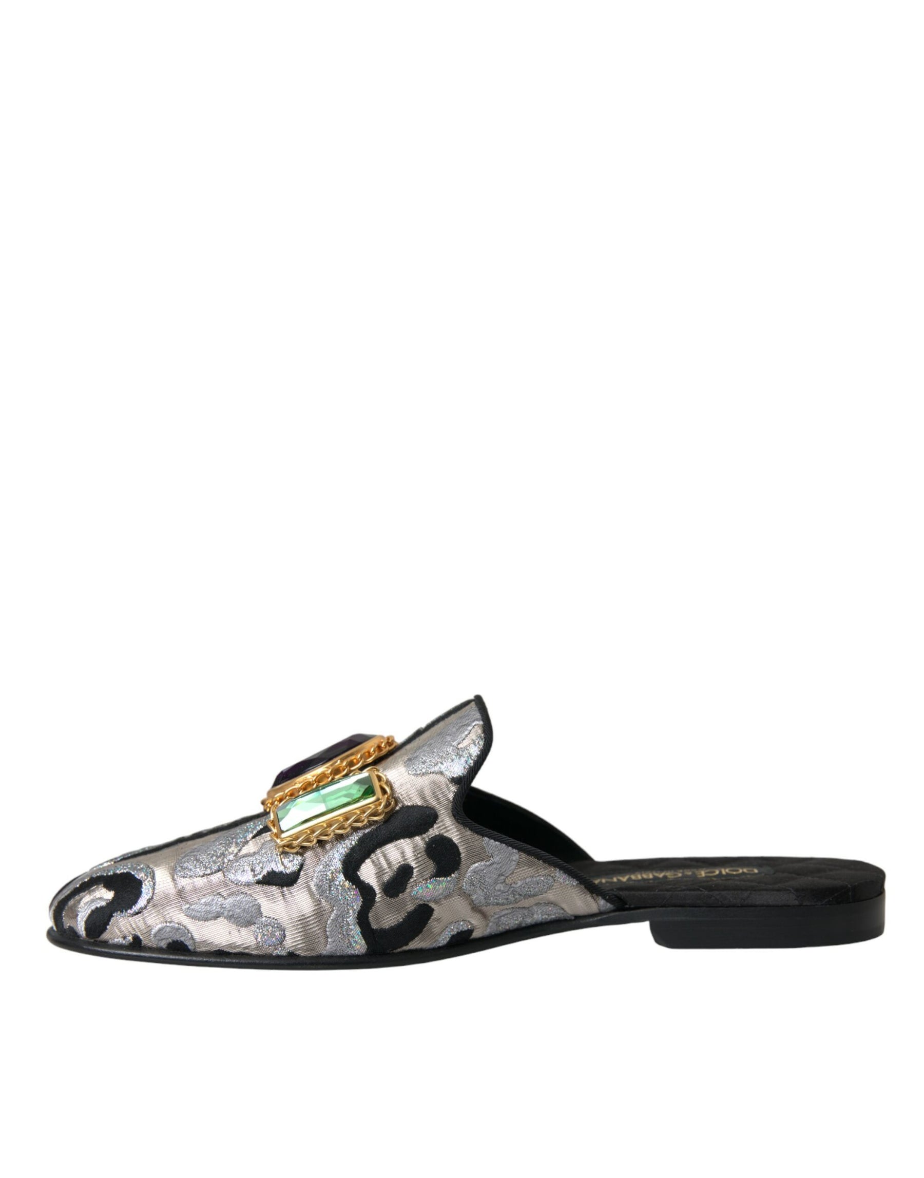 Dolce & Gabbana Gray Jacquard Crystal Mule Flat Sandals Shoes | Regal Royce