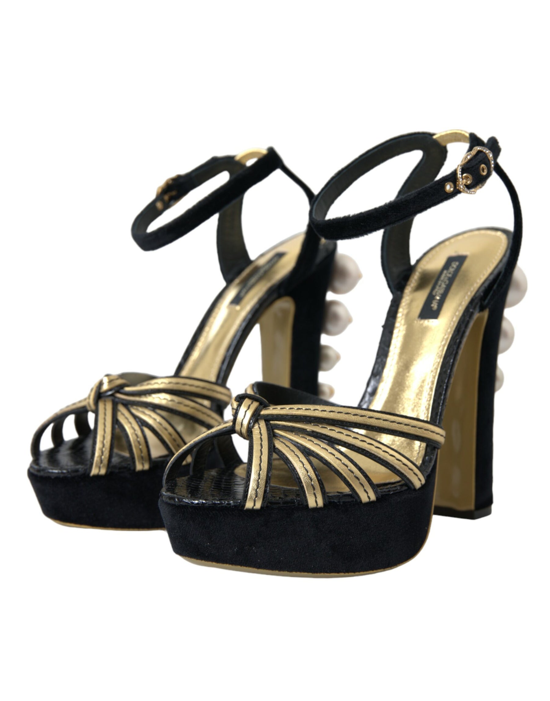 Dolce & Gabbana Black Gold Embellished Heels Sandals Shoes | Regal Royce