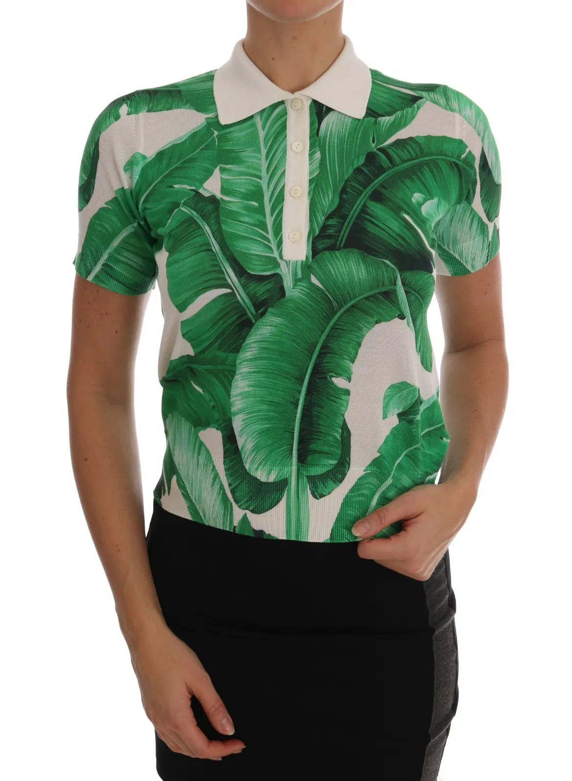 Dolce & Gabbana Green Banana Print Silk Polo T-shirt | Regal Royce