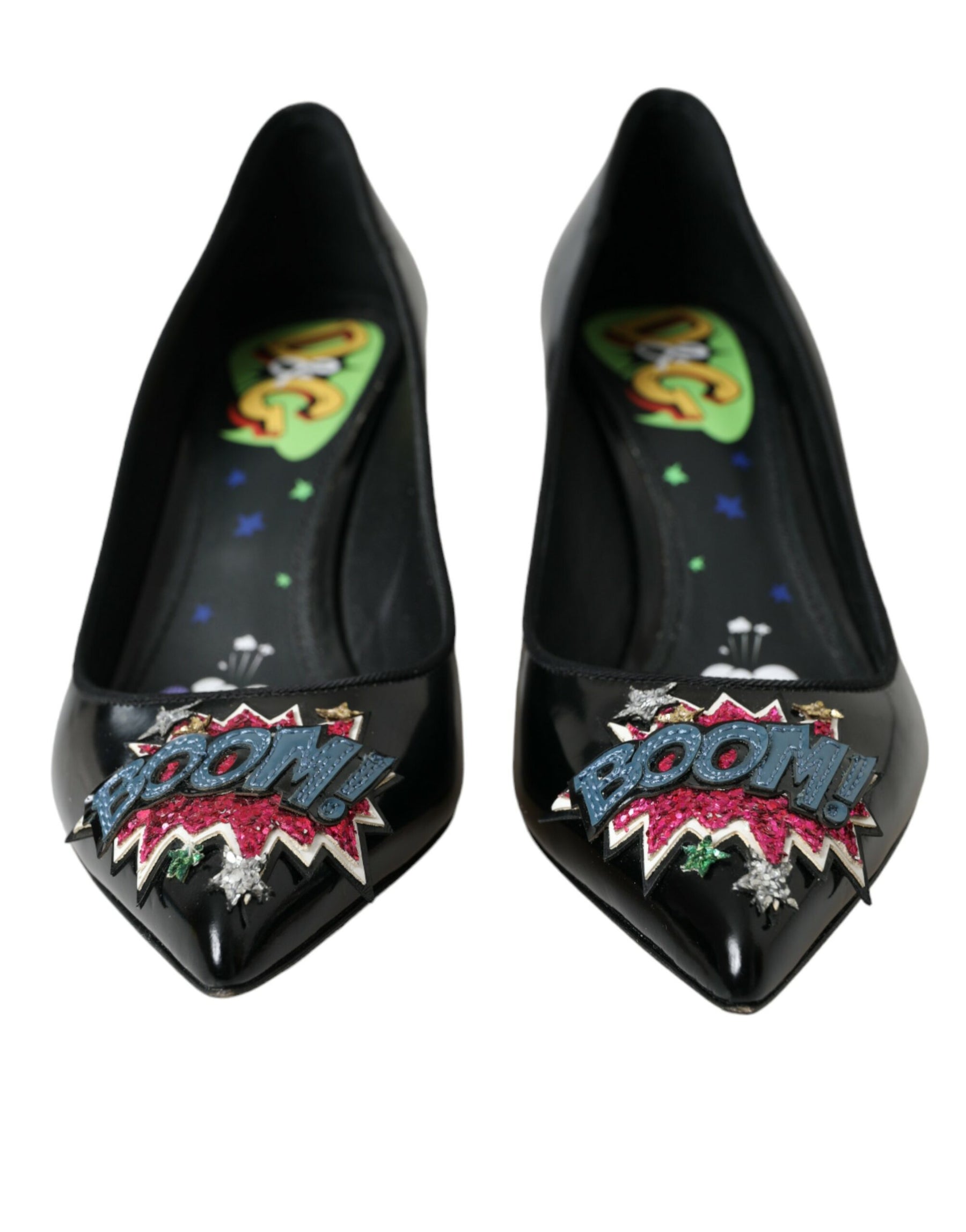 Dolce & Gabbana Black Leather BOOM Patch Heels Pumps Shoes | Regal Royce