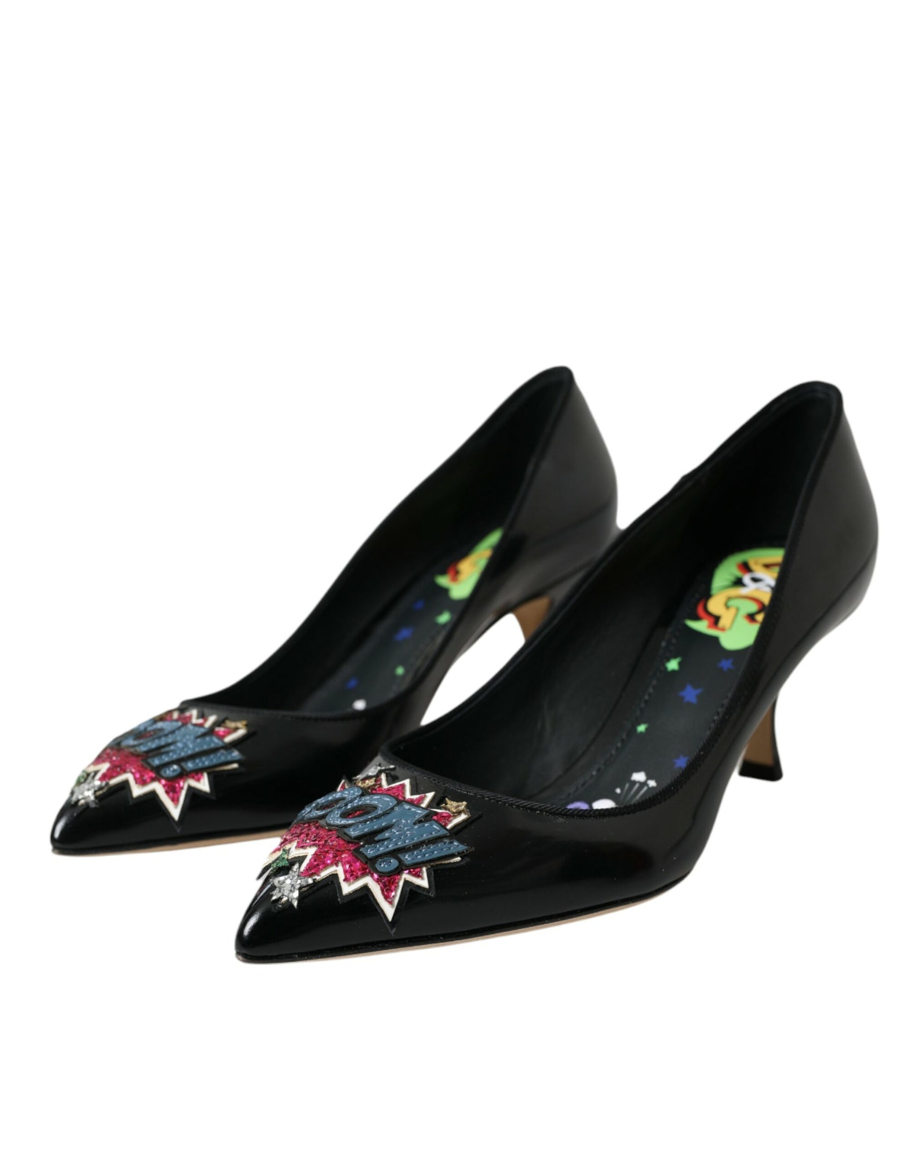 Dolce & Gabbana Black Leather BOOM Patch Heels Pumps Shoes | Regal Royce