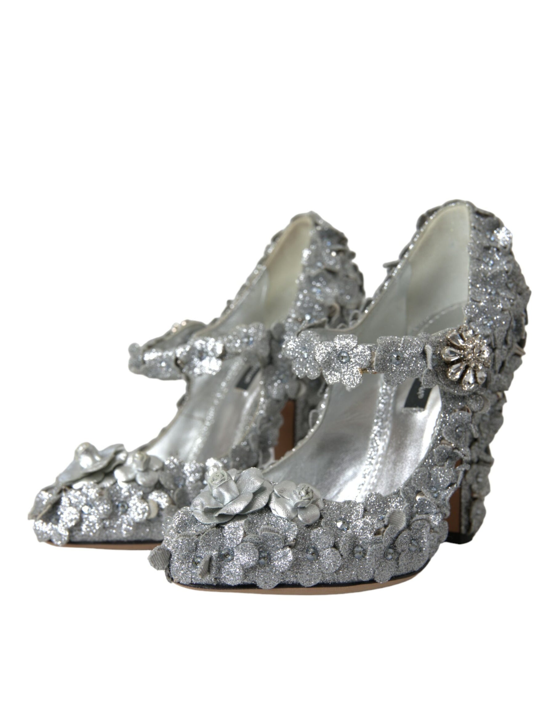 Dolce & Gabbana Silver Floral Crystal Mary Jane Pumps Shoes | Regal Royce