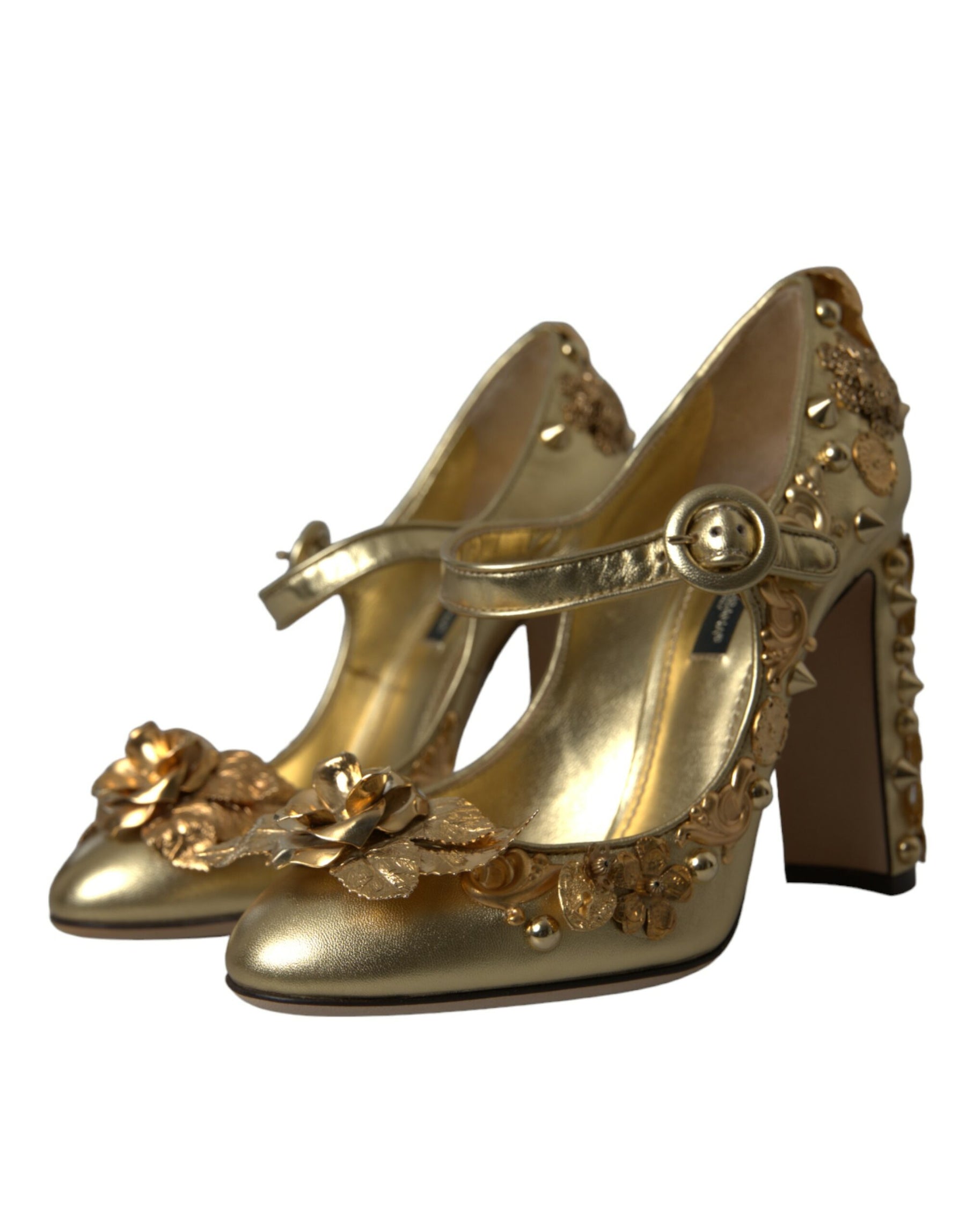 Dolce & Gabbana Gold Leather Crystal Mary Janes Pumps Shoes | Regal Royce