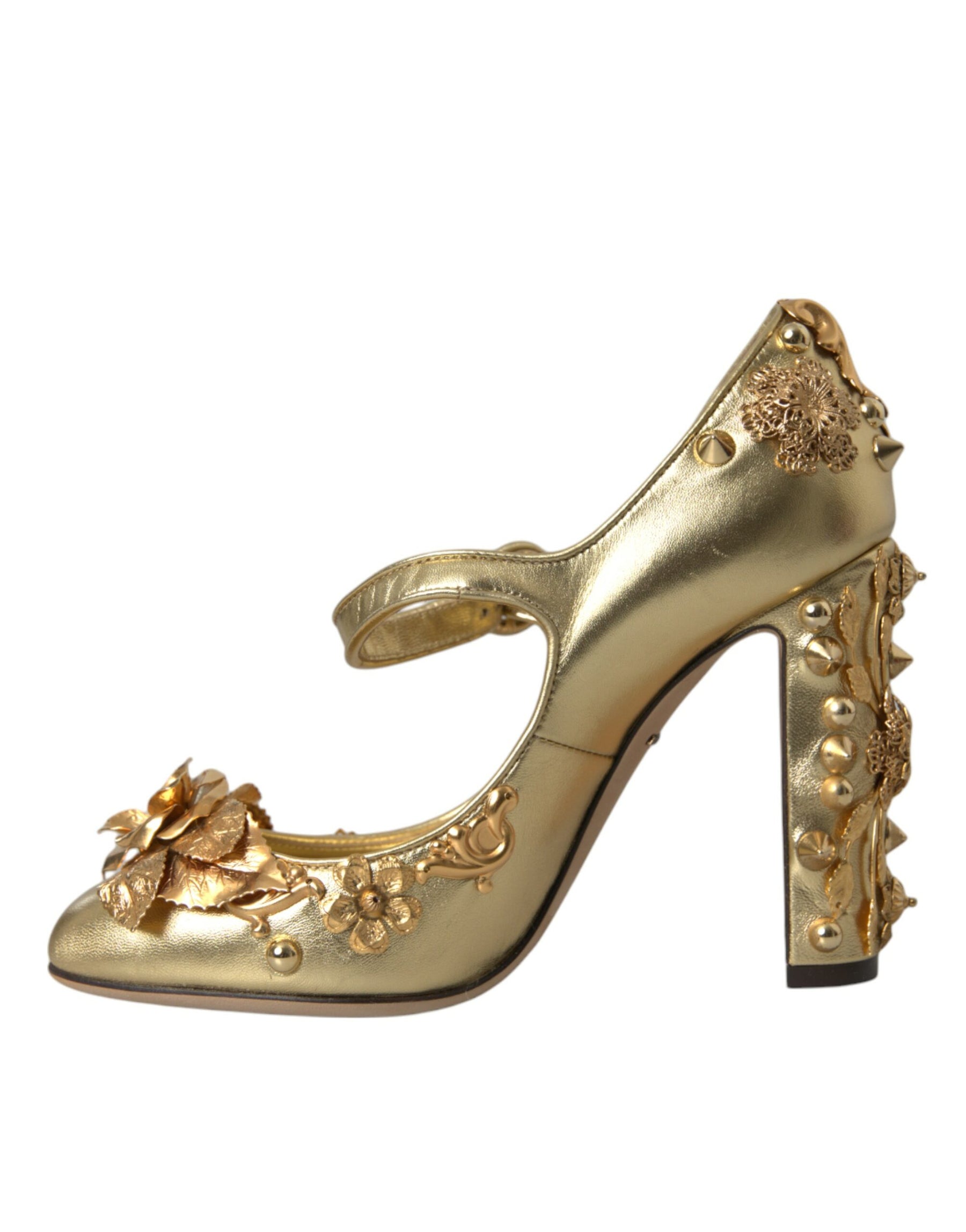 Dolce & Gabbana Gold Leather Crystal Mary Janes Pumps Shoes | Regal Royce