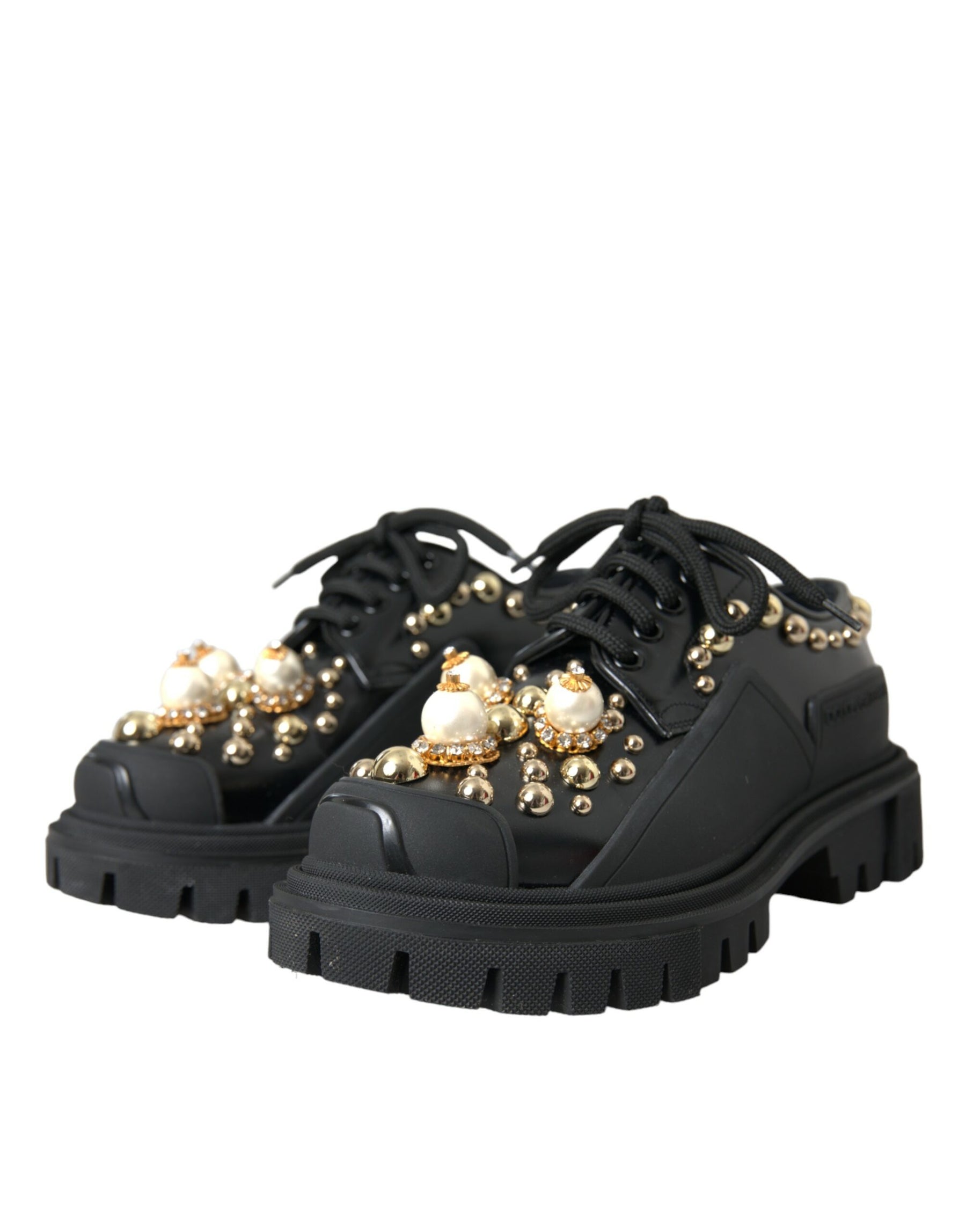 Dolce & Gabbana Black Leather Trekking Derby Embellished Shoes | Regal Royce
