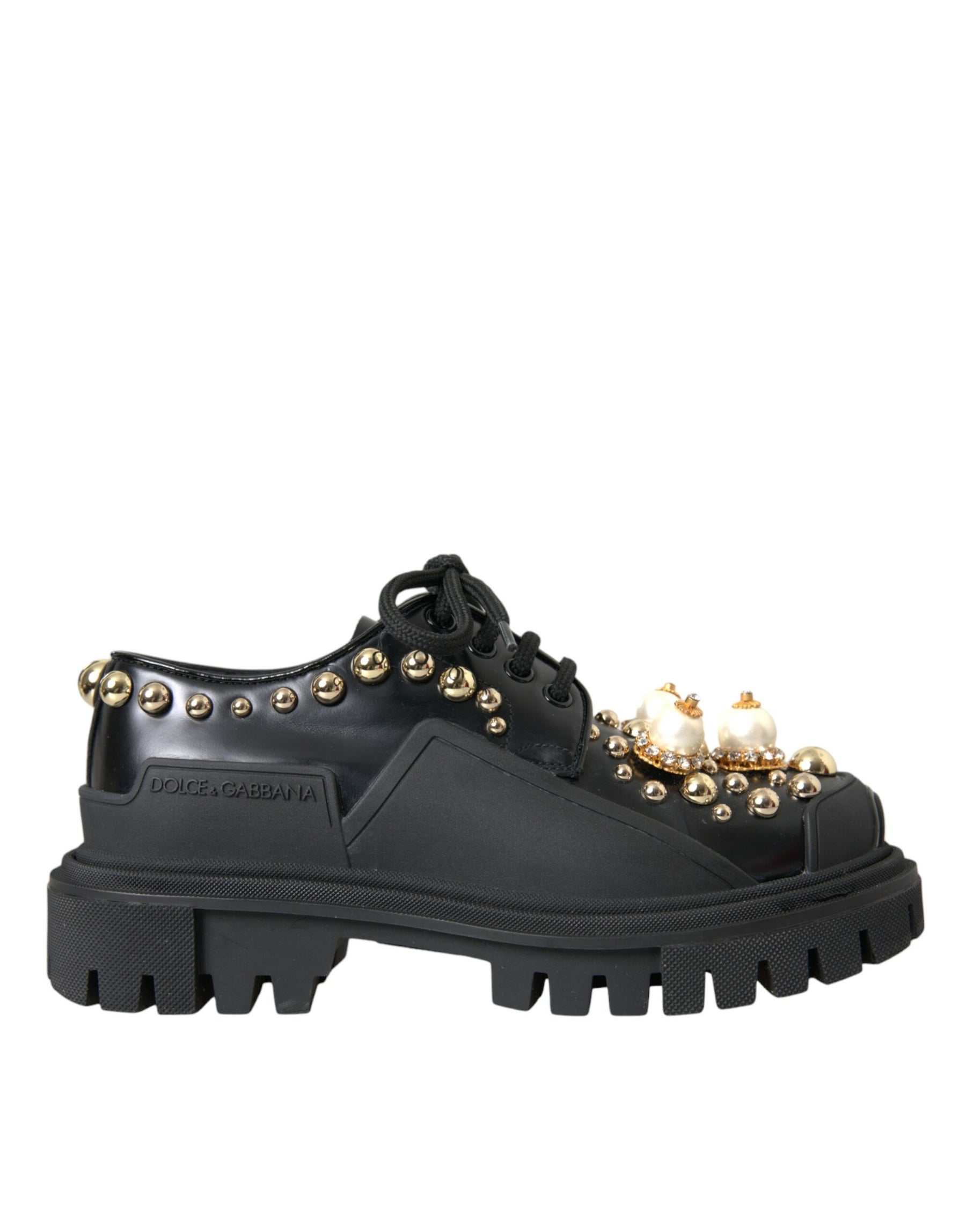 Dolce & Gabbana Black Leather Trekking Derby Embellished Shoes | Regal Royce