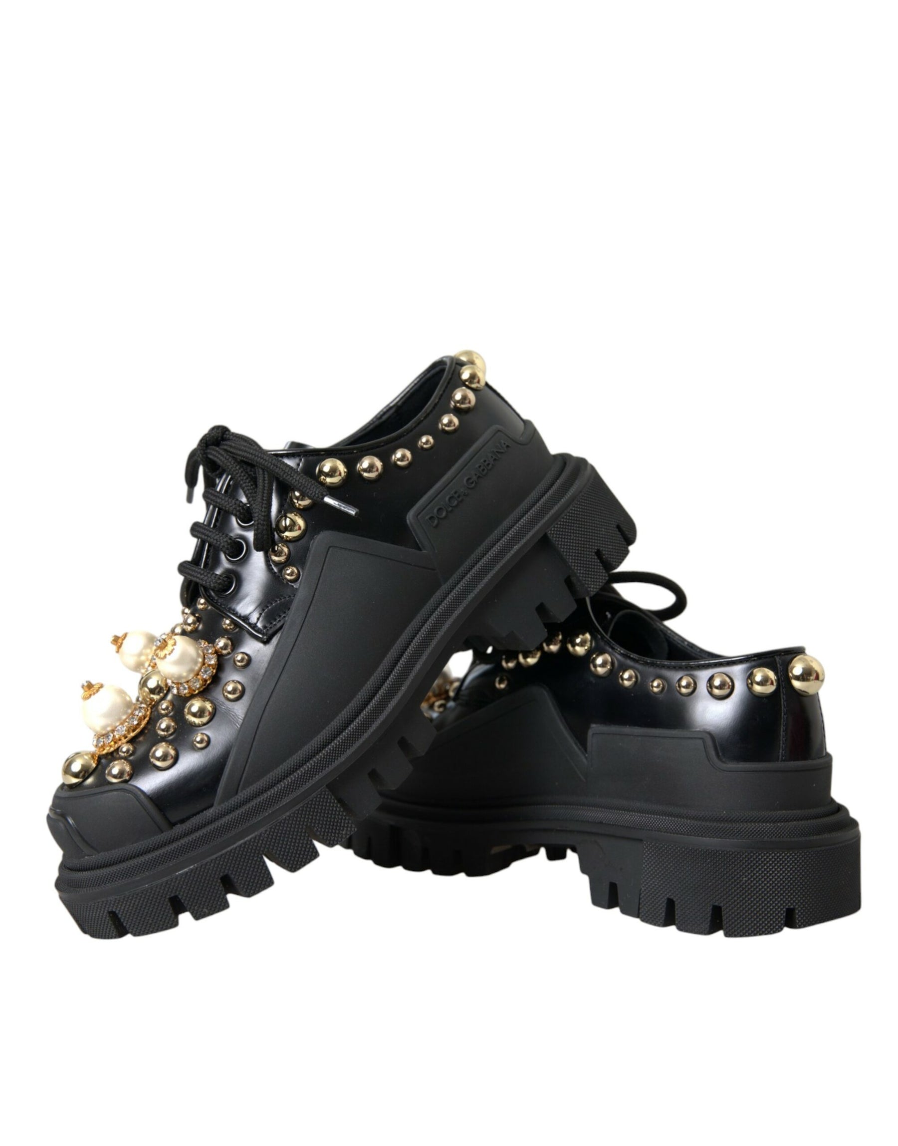 Dolce & Gabbana Black Leather Trekking Derby Embellished Shoes | Regal Royce