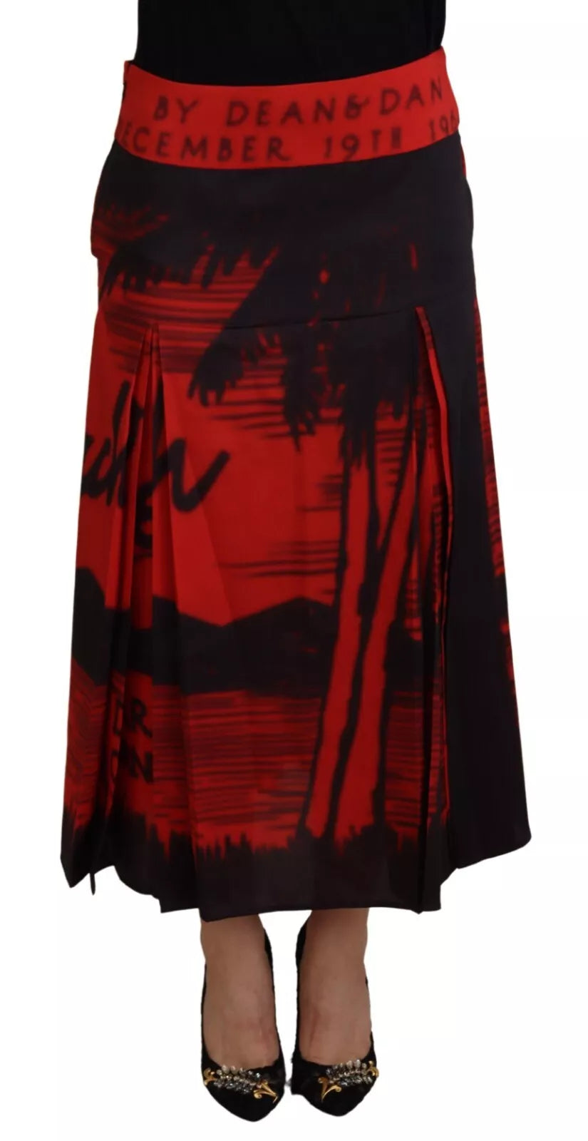 Dsquared² Red Printed High Waist A-line Pleated Midi Skirt | Regal Royce