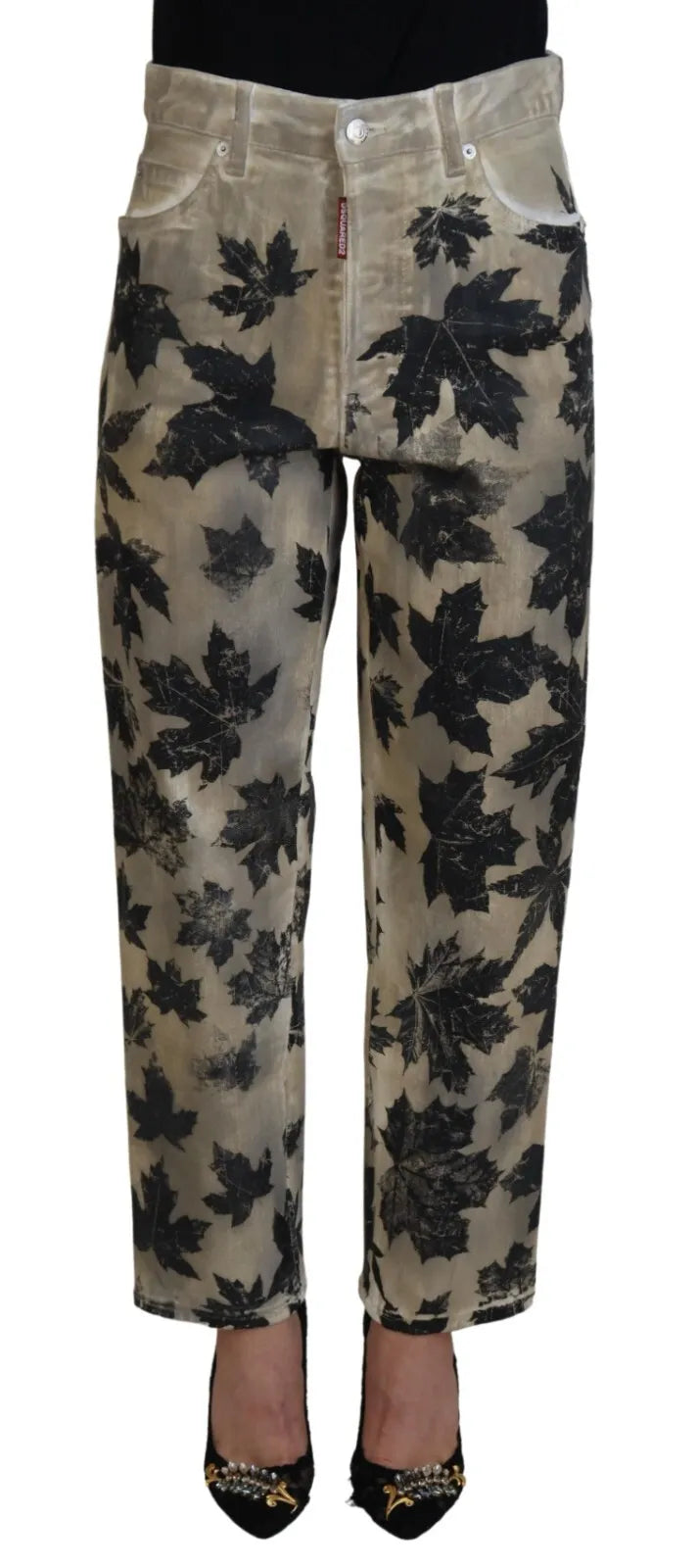 Dsquared² Beige Leaves Cotton High Waist Denim Jeans Boston | Regal Royce
