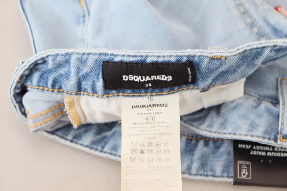 Dsquared² Blue Tattered Mid Waist Cropped Twiggy Denim Jeans | Regal Royce