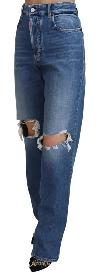 Dsquared² Blue Distressed High Waist Straight Denim Jeans | Regal Royce