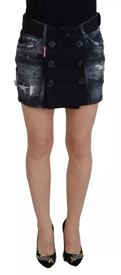 Dsquared² Black Distressed Mid Waist A-line Denim Mini Skirt | Regal Royce
