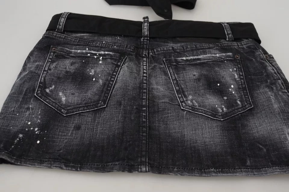 Dsquared² Black Distressed Mid Waist A-line Denim Mini Skirt | Regal Royce