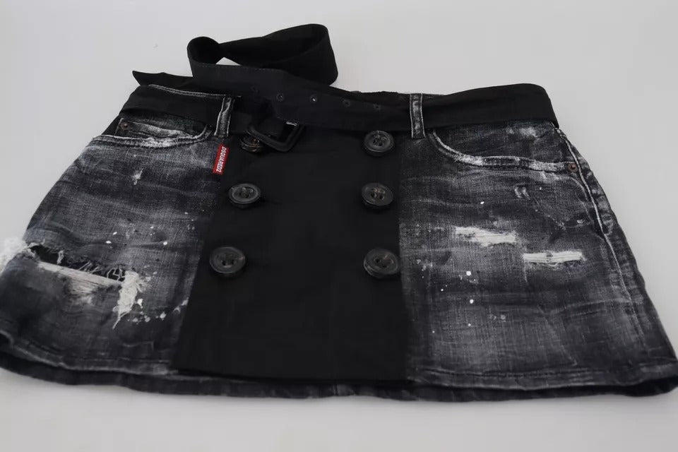 Dsquared² Black Distressed Mid Waist A-line Denim Mini Skirt | Regal Royce