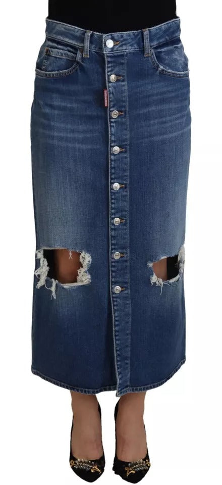 Dsquared² Blue Distressed High Waist Pencil Cut Denim Skirt | Regal Royce
