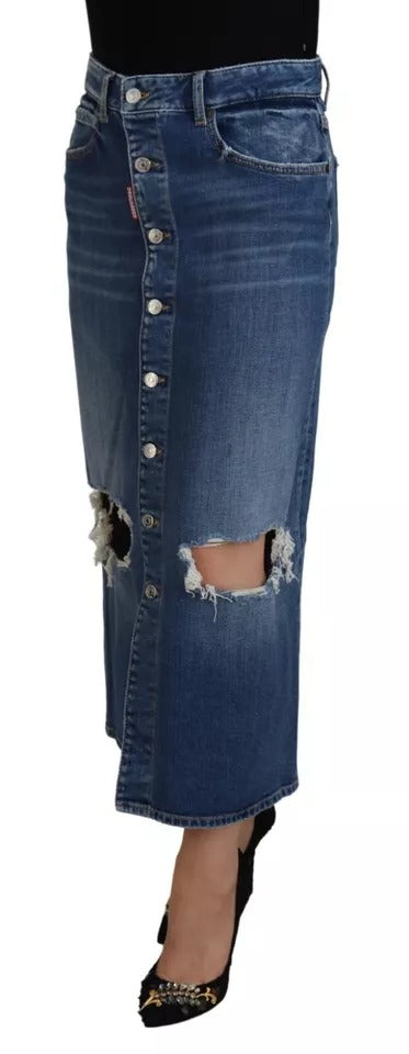 Dsquared² Blue Distressed High Waist Pencil Cut Denim Skirt | Regal Royce