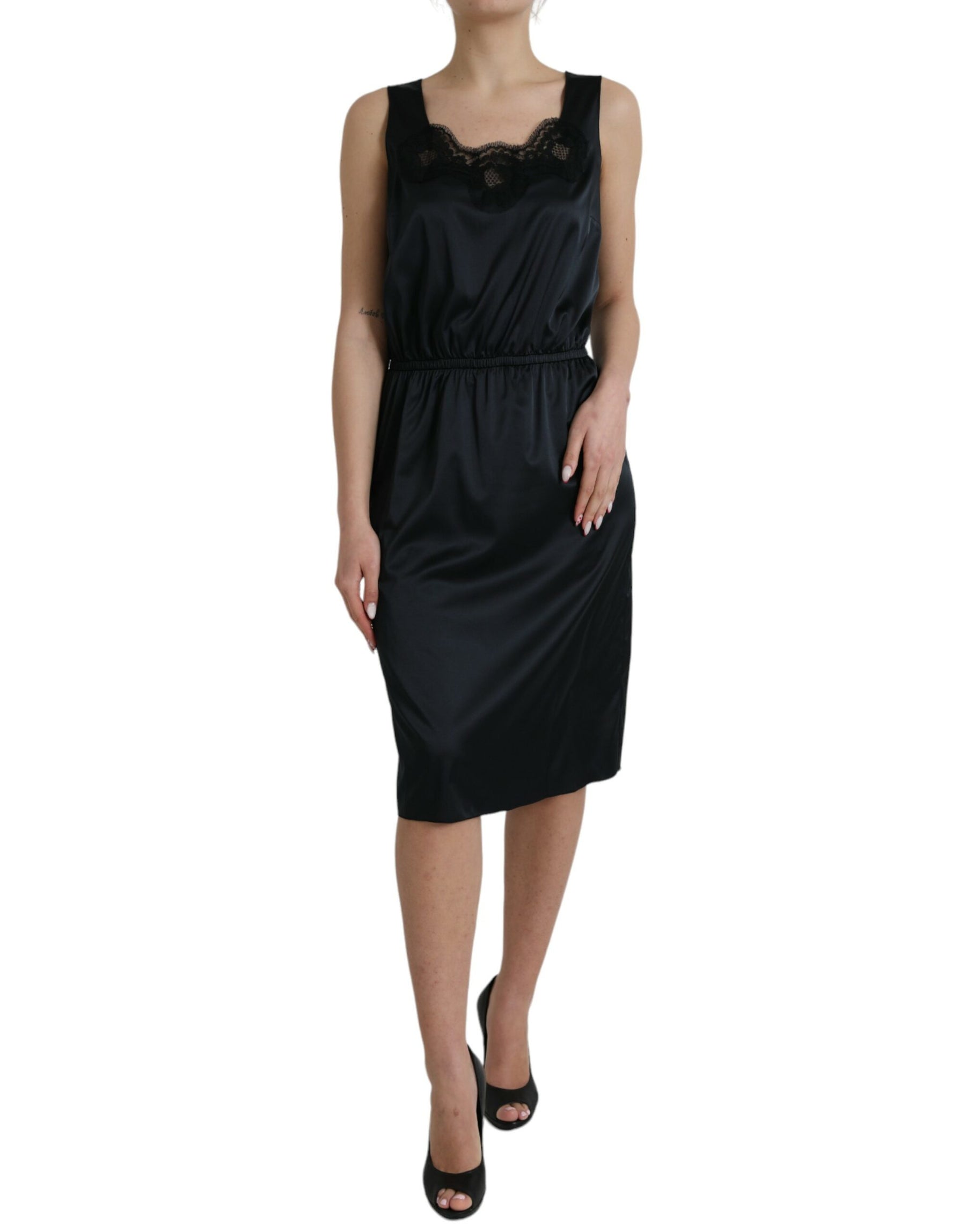 Dolce & Gabbana Black Polyester Lace Trim Sheath Midi Dress | Regal Royce