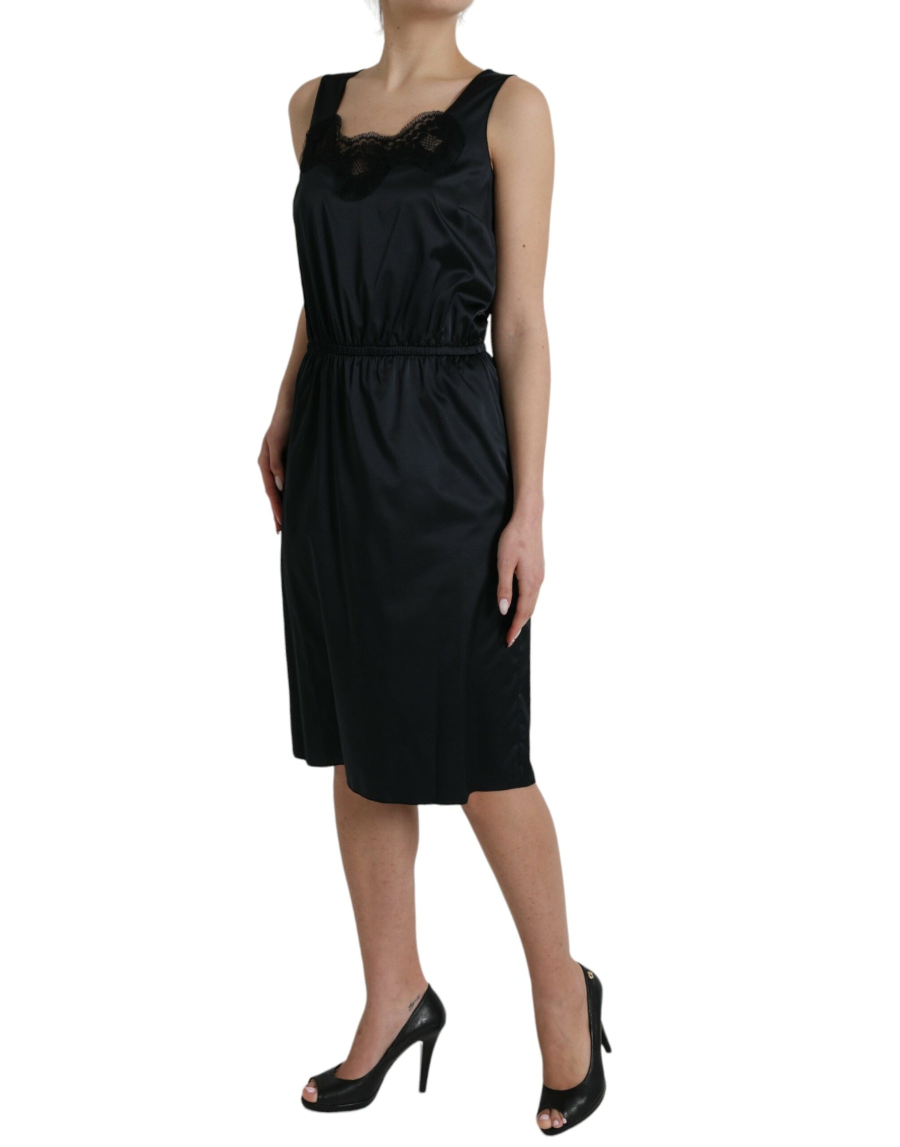 Dolce & Gabbana Black Polyester Lace Trim Sheath Midi Dress | Regal Royce