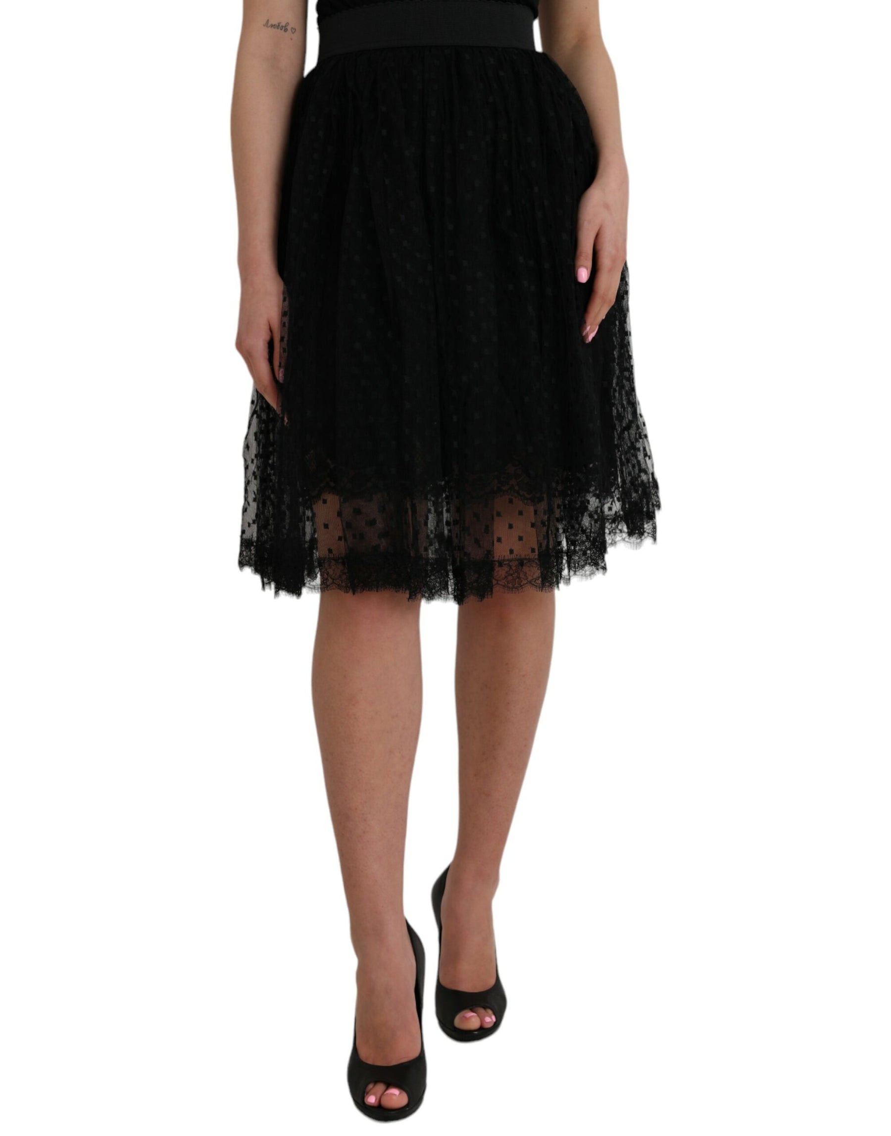 Dolce & Gabbana Black Nylon Lace Trim High Waist A-line Skirt | Regal Royce