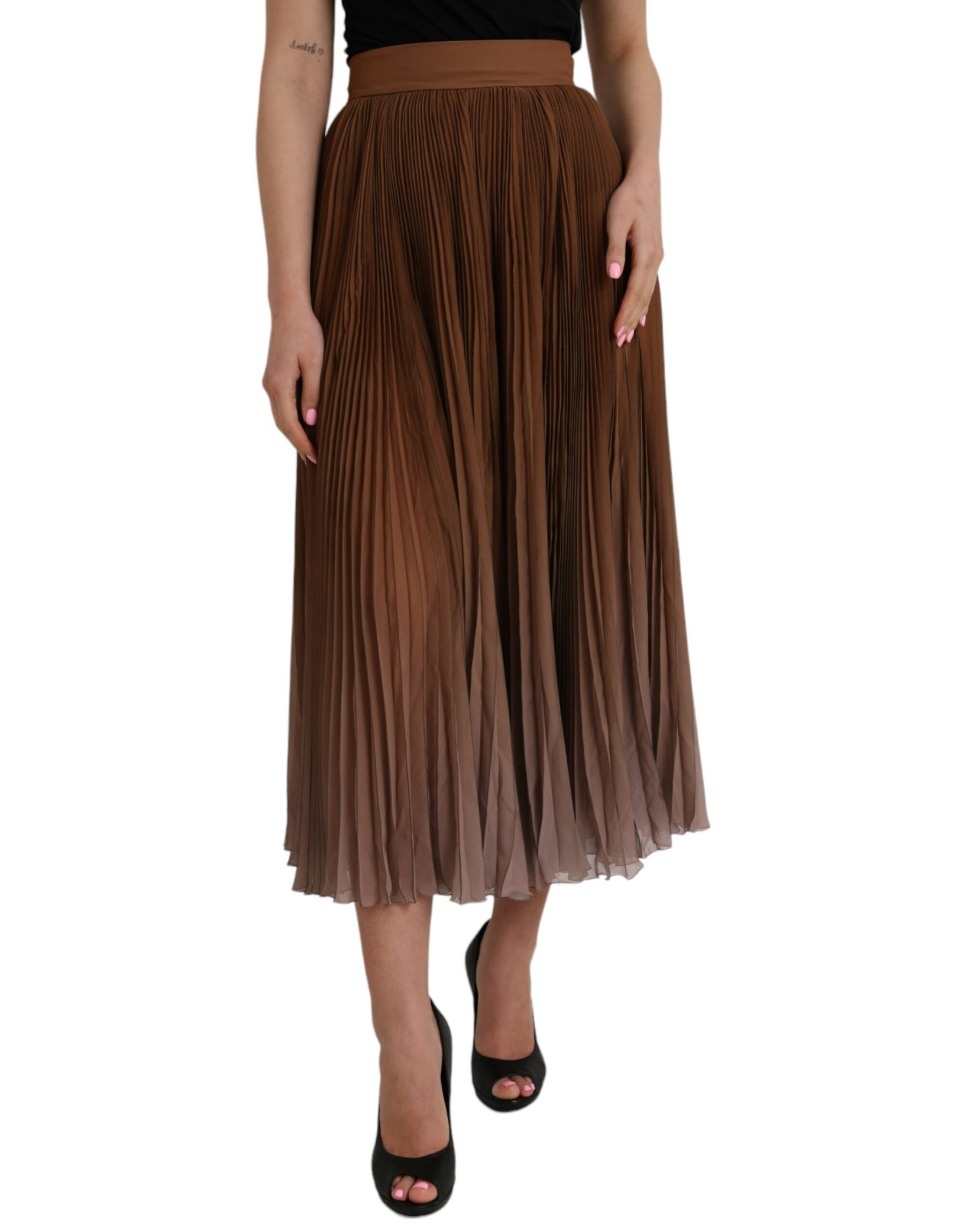 Dolce & Gabbana Brown Polyester Pleated High Waist Midi Skirt | Regal Royce