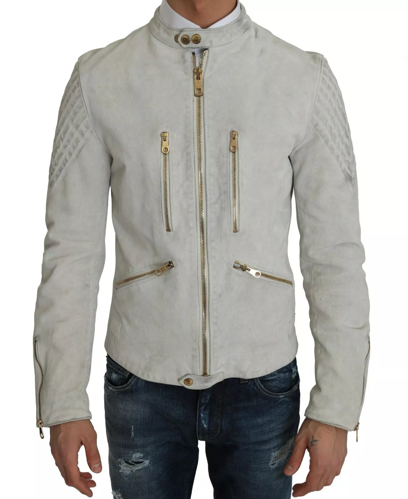 Dolce & Gabbana Leather White Biker Motorcycle Jacket | Regal Royce