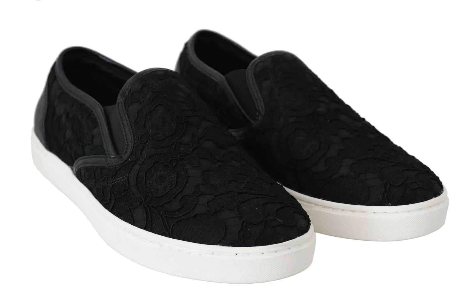 Dolce & Gabbana Black Lace Leather Logo Flat Slip-On Sneakers | Regal Royce