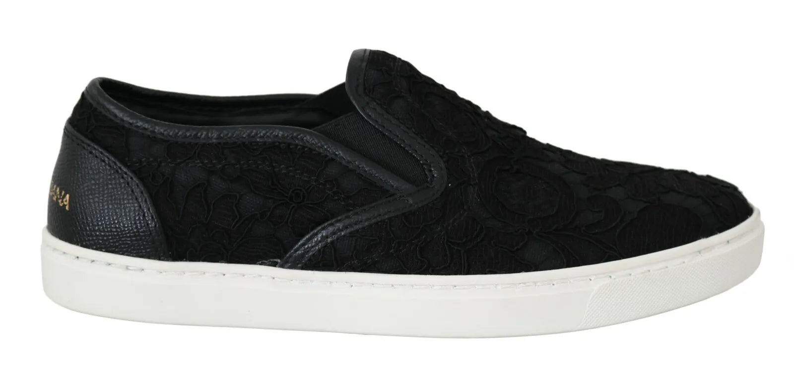 Dolce & Gabbana Black Lace Leather Logo Flat Slip-On Sneakers | Regal Royce