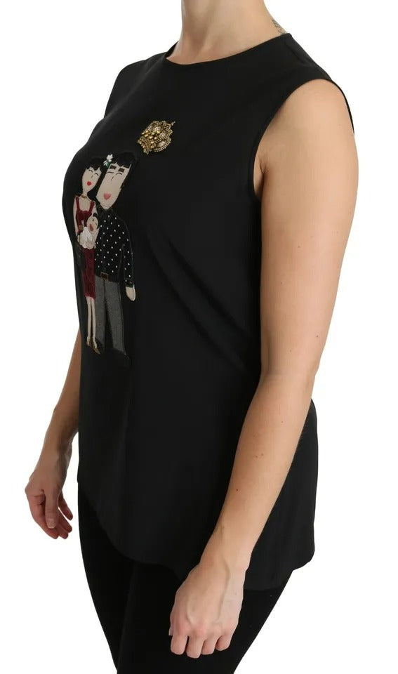 Dolce & Gabbana Black Silk DG Family Crystal Sleeveless Top | Regal Royce