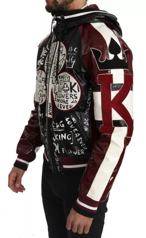 Dolce & Gabbana Black Bordeaux Hooded Leather DG King of Love Jacket | Regal Royce