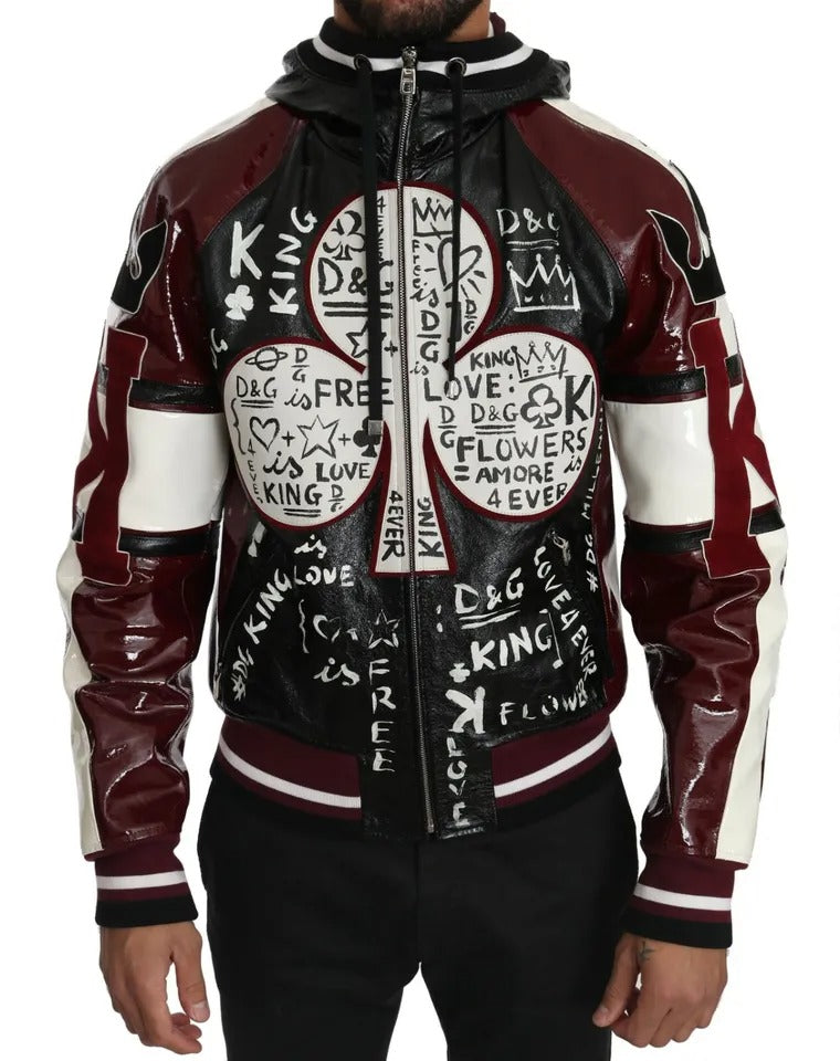 Dolce & Gabbana Black Bordeaux Hooded Leather DG King of Love Jacket | Regal Royce