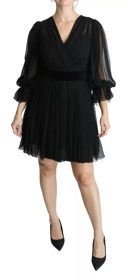Dolce & Gabbana Black Mesh Pleated Mini Silk Blend Dress | Regal Royce