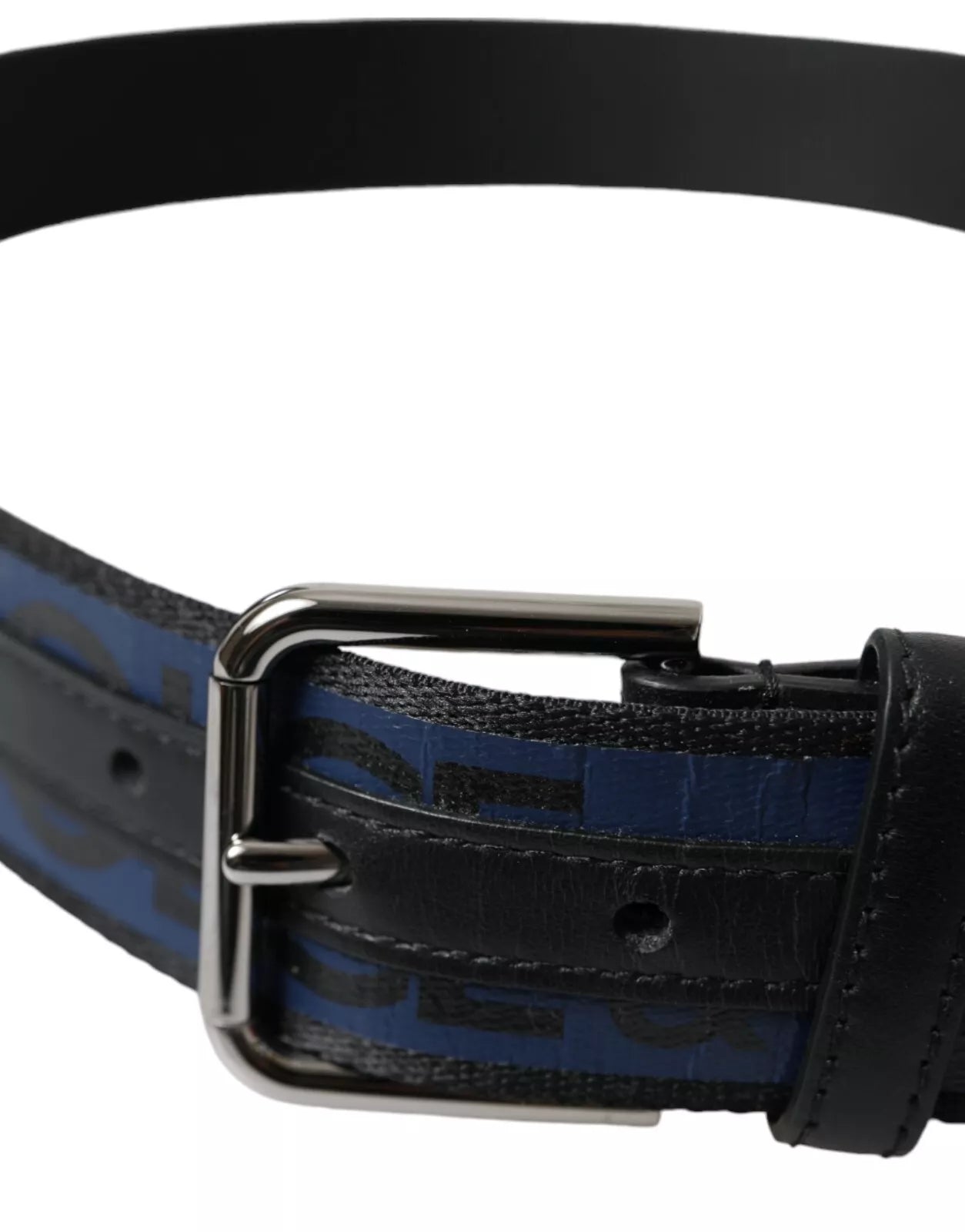 Dolce & Gabbana Black Blue Logo Silver Metal Buckle Belt | Regal Royce