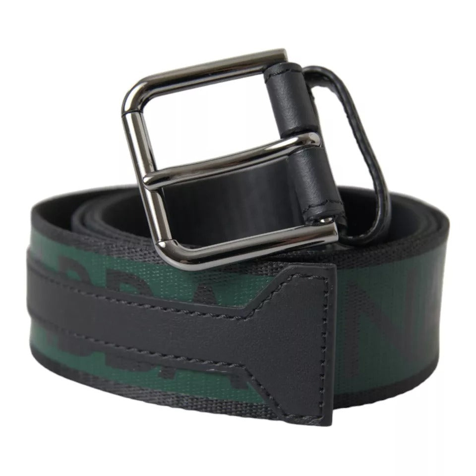 Dolce & Gabbana Black Green Logo Silver Metal Buckle Belt | Regal Royce