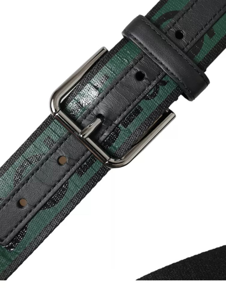Dolce & Gabbana Black Green Logo Silver Metal Buckle Belt | Regal Royce