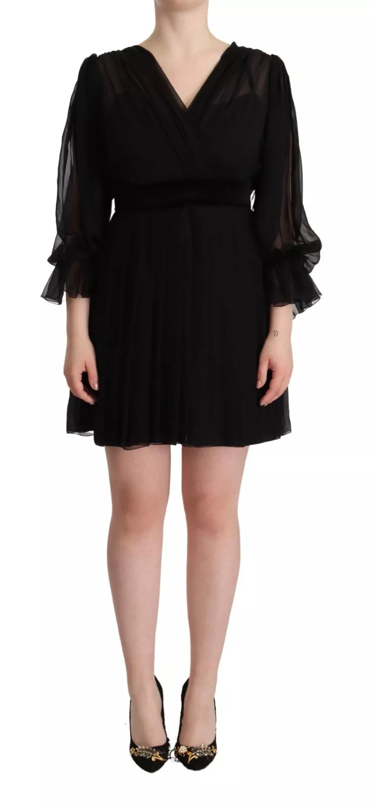Dolce & Gabbana Black V-neck Long Sleeves Mini A-line Dress | Regal Royce