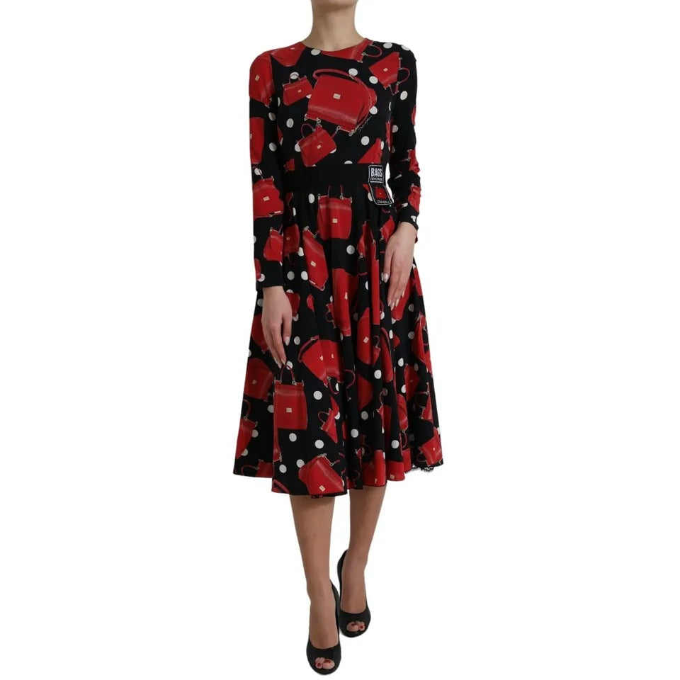 Dolce & Gabbana Black Sicily Bag Print Flared Midi Dress | Regal Royce