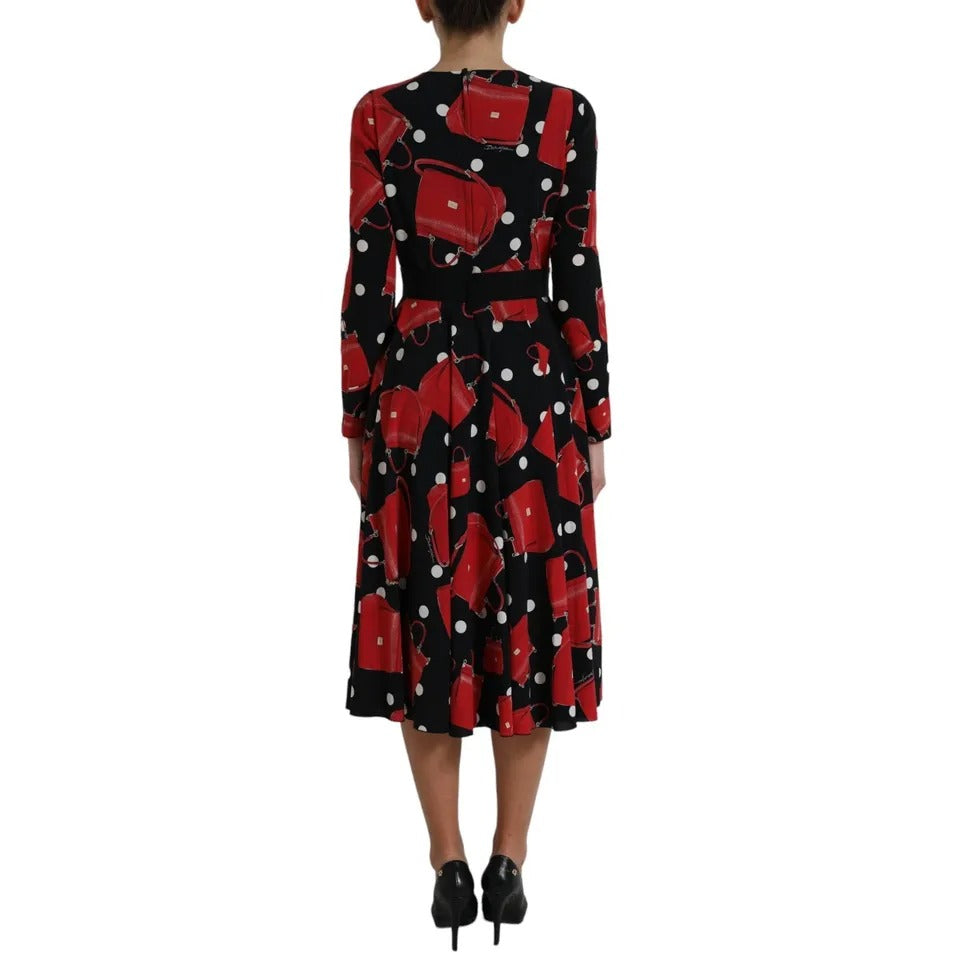 Dolce & Gabbana Black Sicily Bag Print Flared Midi Dress | Regal Royce