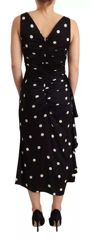 Dolce & Gabbana Black Silk Polka Dots V-neck Sheath Midi Dress | Regal Royce