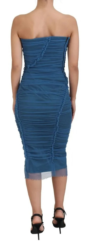 Dolce & Gabbana Blue Mesh Trim Ruched Tulle Sheath Dress | Regal Royce