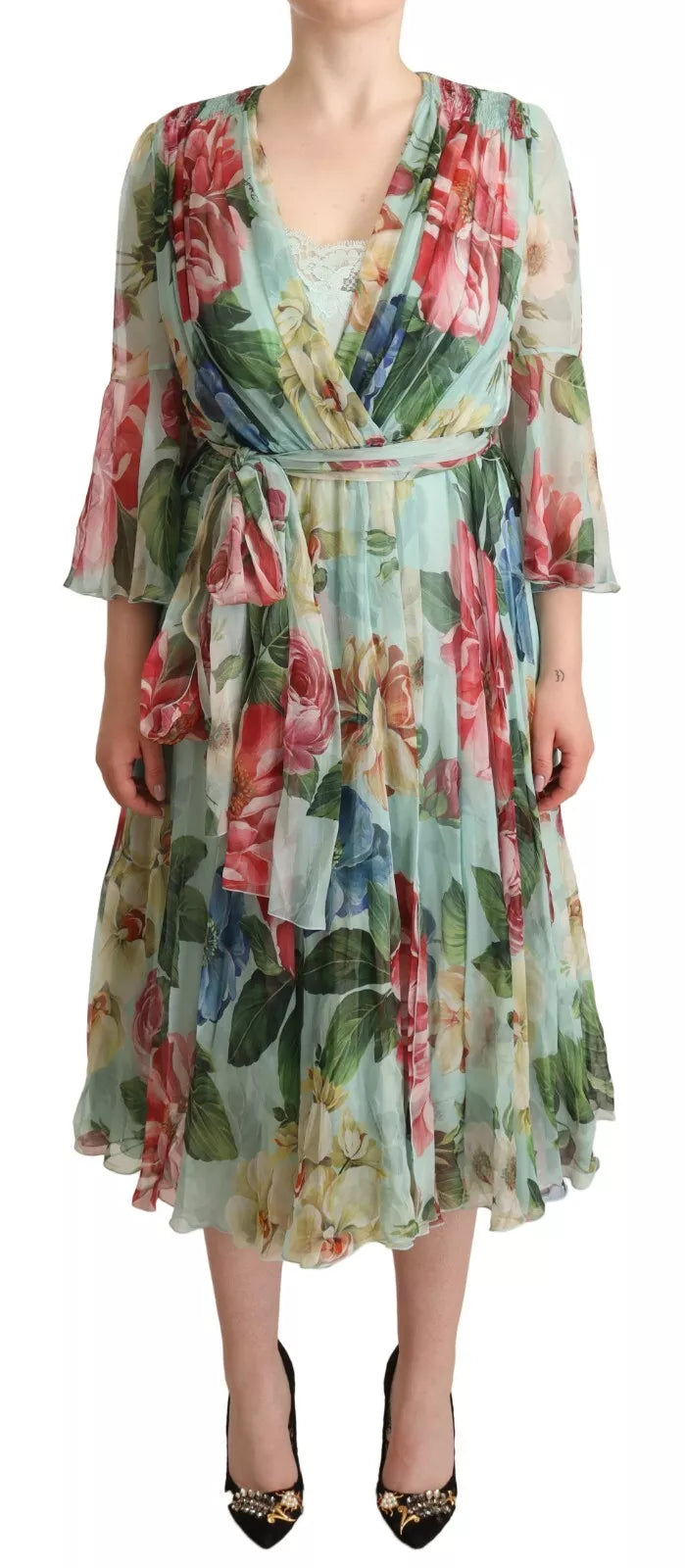 Dolce & Gabbana Green Floral Long Sleeve V-neck Midi Dress | Regal Royce