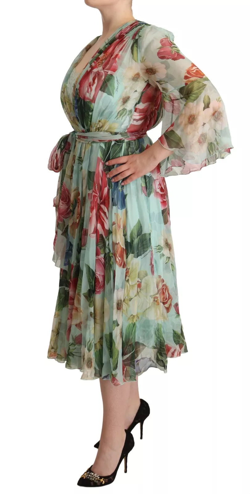 Dolce & Gabbana Green Floral Long Sleeve V-neck Midi Dress | Regal Royce