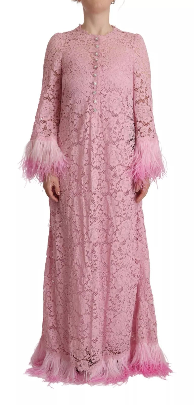 Dolce & Gabbana Shift Lilac Lace Feathers Long Sleeves Dress | Regal Royce