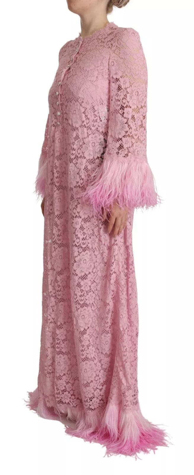 Dolce & Gabbana Shift Lilac Lace Feathers Long Sleeves Dress | Regal Royce