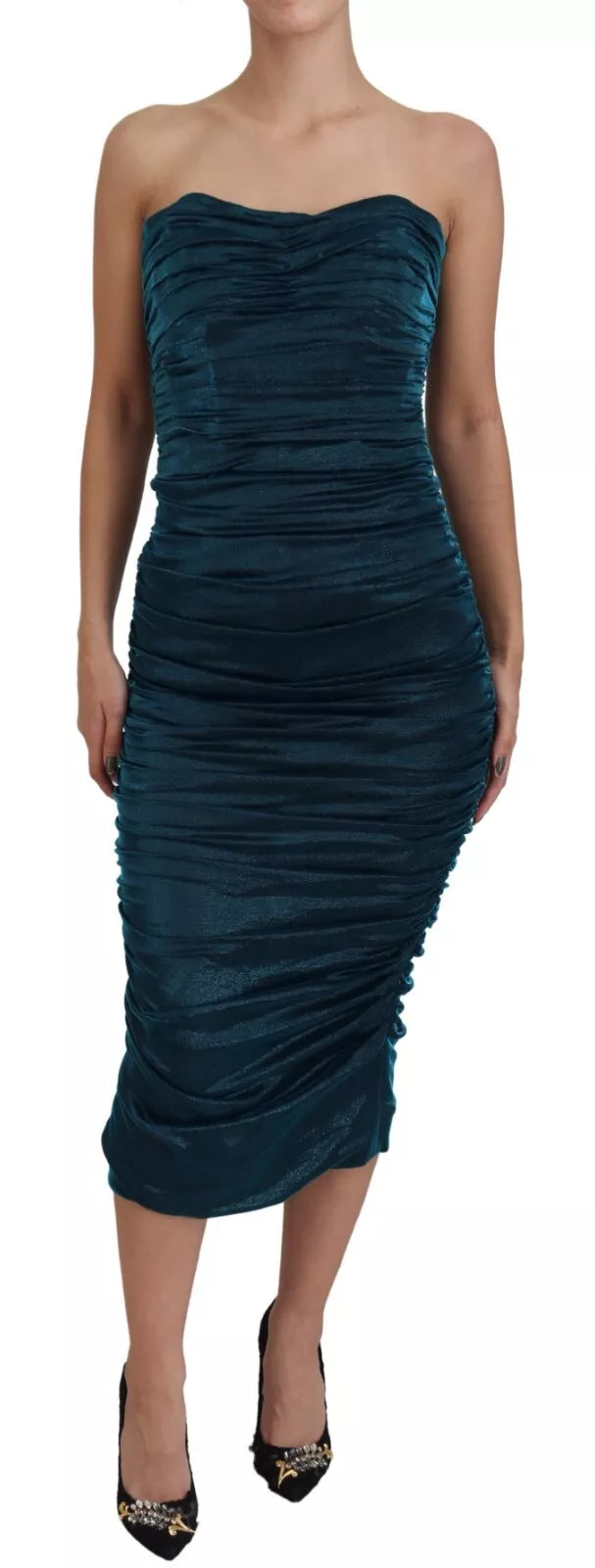 Dolce & Gabbana Silk Blend Blue Satin Fitted Strapless Dress | Regal Royce
